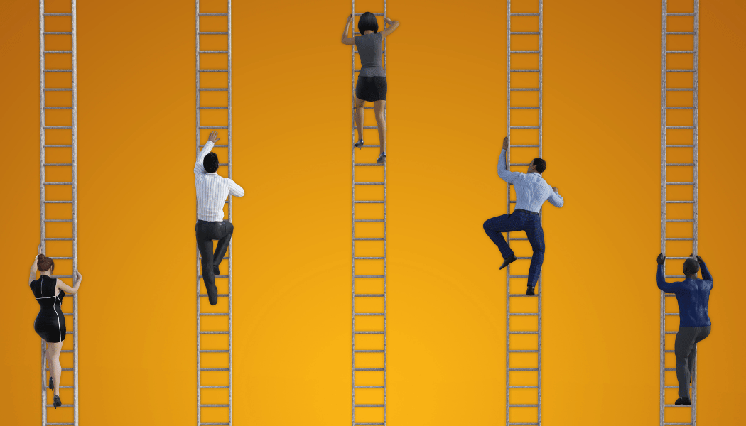 a group of corporate people competing with each other to climb up ladders